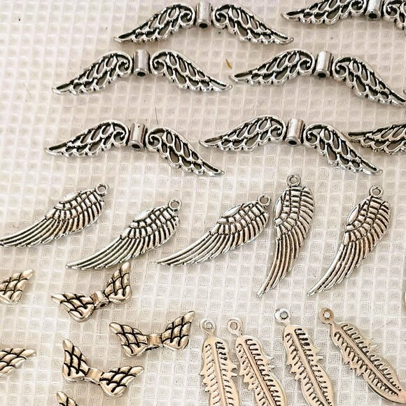 42 Wing and Feather Connectors Silver DIY Jewelry Findings - Picture 7 of 11